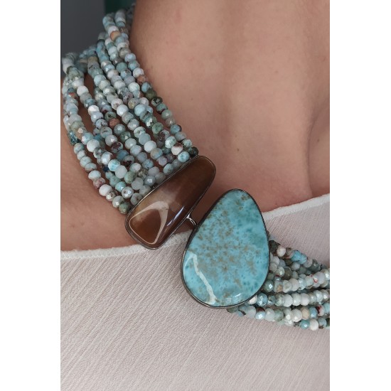 Collana in argento multifilo larimar e pietra di sole PACL1505